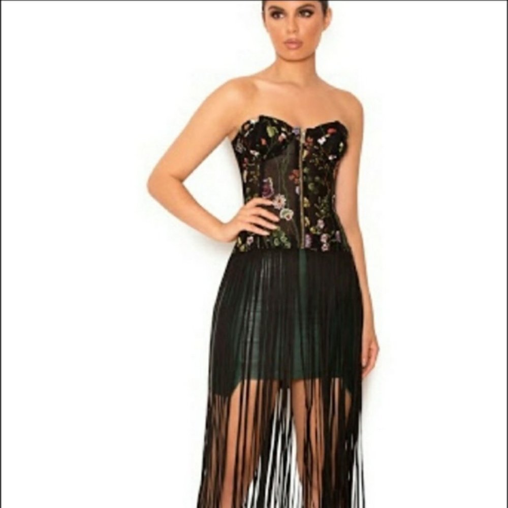 House of CB Black Embroidered Fringe Bustier